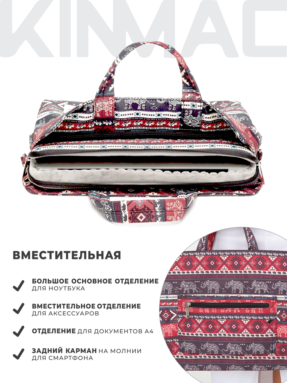 Сумка для ноутбука 15,6" и 17" с ремнем на плечо и 3 отделениями (Бохо слоны)
