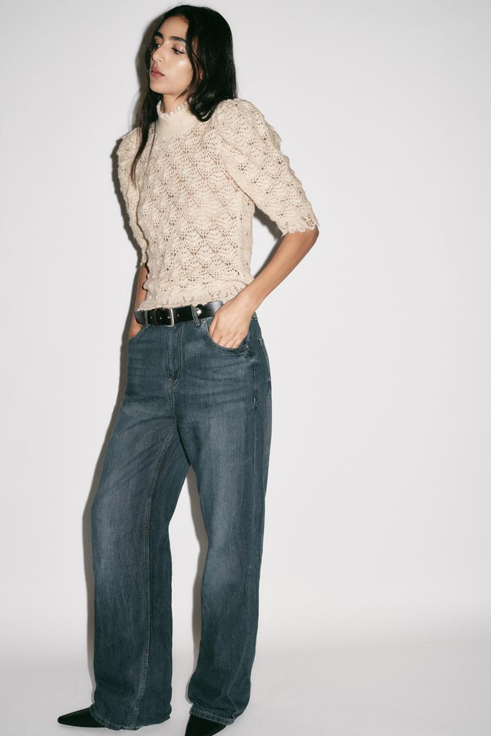 ZARA ТРИКОТАЖНЫЙ ДЖЕМПЕР В РОМАНТИЧНОМ СТИЛЕ В РУБЧИК, ЭКРЮ