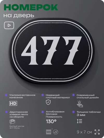 Номерок на дверь квартиры 477, для кабинета, офиса, шильдик 9 х 7 см, черный, Айдентика Технолоджи