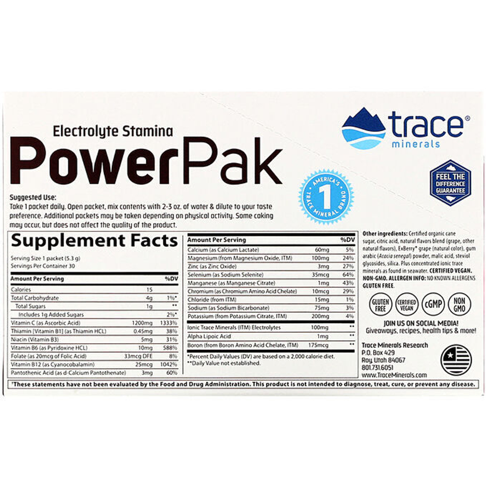 Trace Minerals, PowerPak 30х5,3 г электролит, Вкус лимона и лайма, Порошок