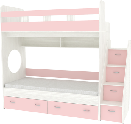Двухъярусная кровать КарИВи Юниор 1 90х200 Белое Дерево Розовый