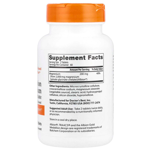 Doctor's Best, магний с высокой степенью усвоения, 120 таблеток (100 мг в 1 таблетке)