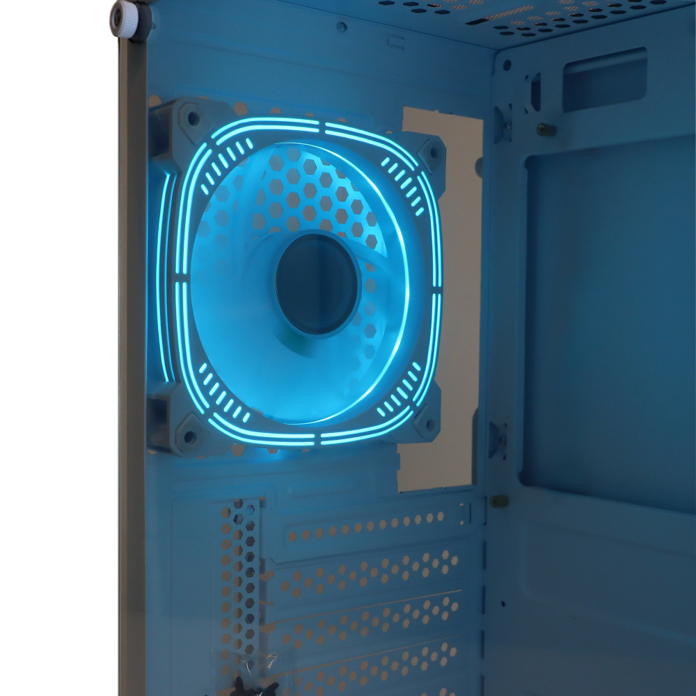 Корпус BaseTech eXtreme GFX-03, Без БП, ATX, белый, 4xICE BLUE FAN, 2xUSB2, 1xUSB3, бок: закалённое стекло (BT-GFX-03W-MESH-4F-IB)