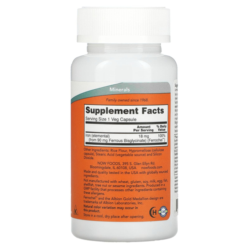 NOW Foods, железо, 18 мг, 120 растительных капсул