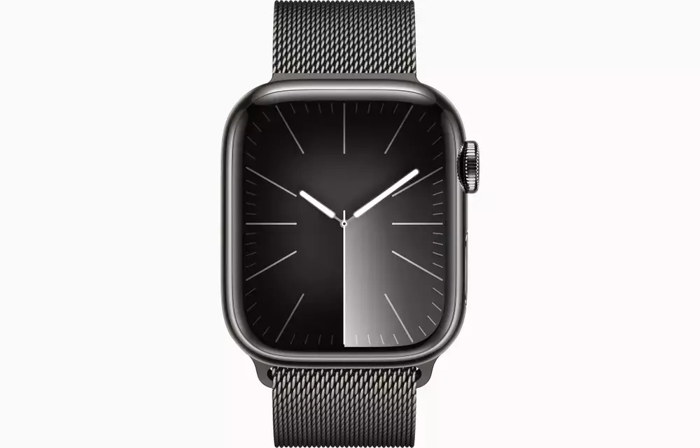 Apple Watch Series 9, 45 мм, из стали цвета «графит», миланский сетчатый браслет