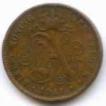 2 сантима 1911 год. Бельгия (Альберт I). Надпись на голландском - DER BELGEN. Медь, диаметр 21.5 мм. VF-XF