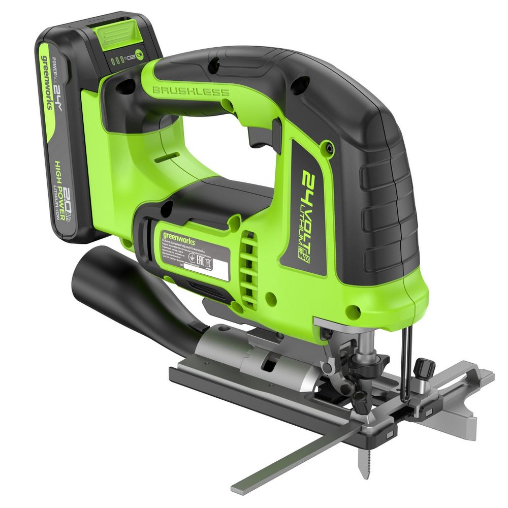 Лобзик акк. Greenworks GD24JS120, 24V, б/щет, 120 мм, 0-3500/мин, 4-ст.маятник, алю.подошва,LED,1х2Ач,ЗУ,кор (3601407CUA)