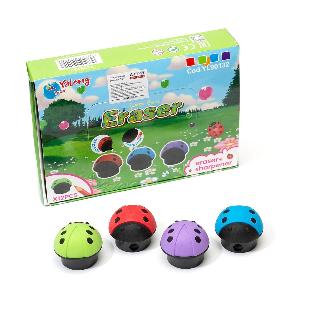 Точилка пластиковая с ластиком Yalong "Божья коровка", 1 отверстие, контейнер, ассорти