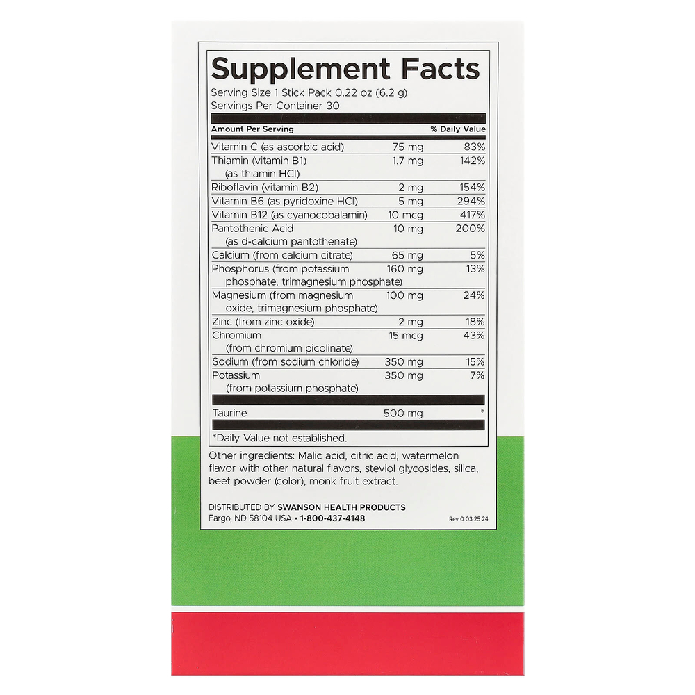Swanson, Simply Hydrate, смесь для гидратации электролитов, арбуз, 30 пакетиков в стиках по 6,2 г (0,22 унции)