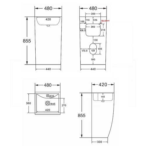 Раковина напольная Azario COMELLA 480х420х855 отдельностоящая, прямоугольная, белый глянцевый (AZ-314)