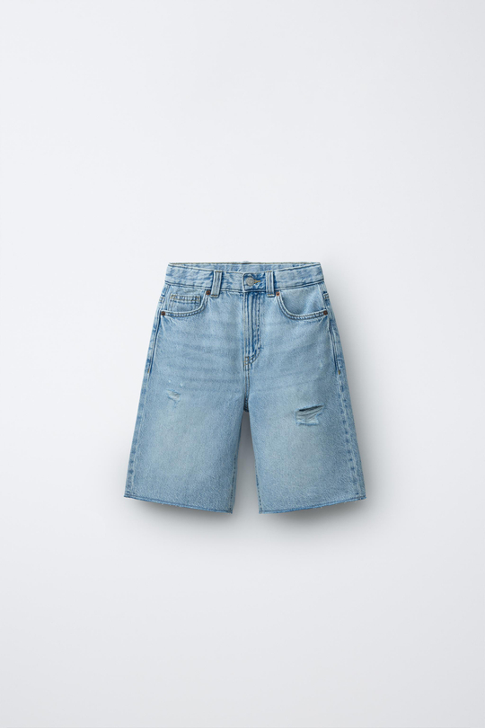 ZARA ДЖИНСОВЫЕ ШОРТЫ WIDE FIT С РАЗРЕЗАМИ, ГОЛУБОЙ