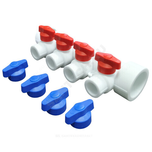 Коллектор PP-R белый Дн 32х20 на 2 выхода с кранами VALFEX 101133202