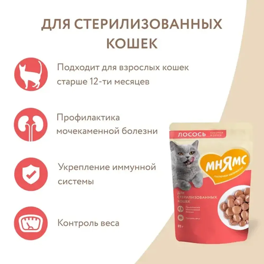 Пауч Мнямс для стерилизованных кошек, кусочки в соусе с лососем Пауч Мнямс для стерилизованных кошек, кусочки в соусе с лососем