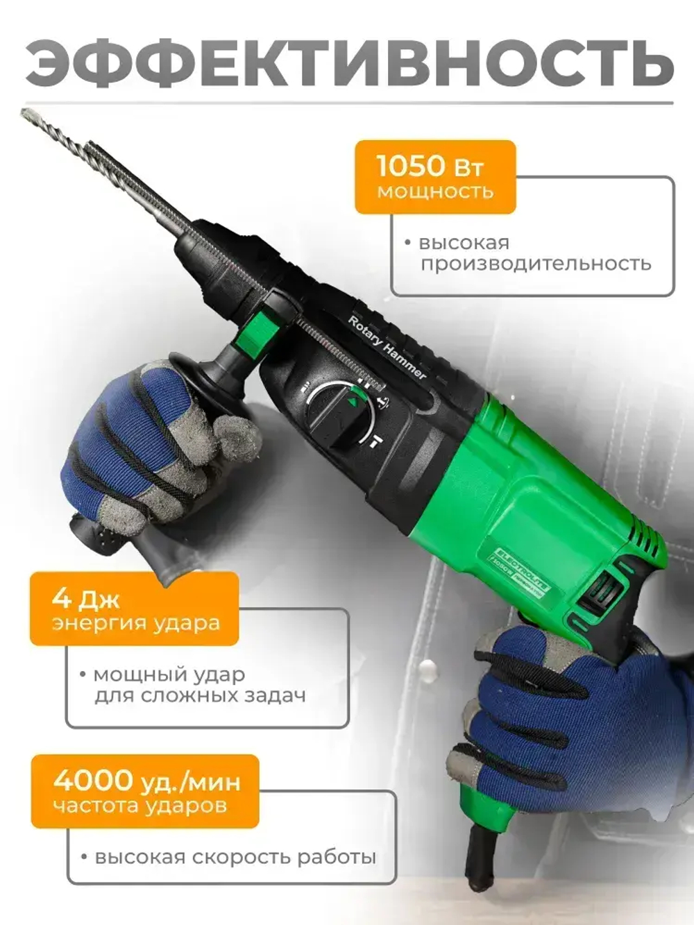 Перфоратор электрический ELECTROLITE П 1050 С НАБОРОМ 3 в 1 ( 1050 Вт, 4 Дж, 3 режима, SDS +, кейс, набор буров )