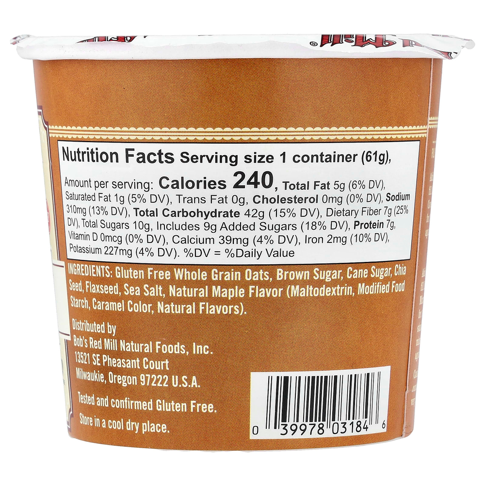 Bob's Red Mill, овсянка в чашке, с коричневым сахаром и кленовым сиропом, 61 г (2,15 унции)