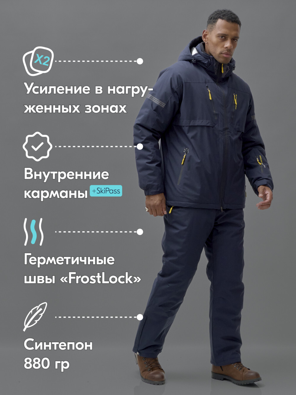 Горнолыжный костюм мужской зимний темно-синего цвета 3710TS