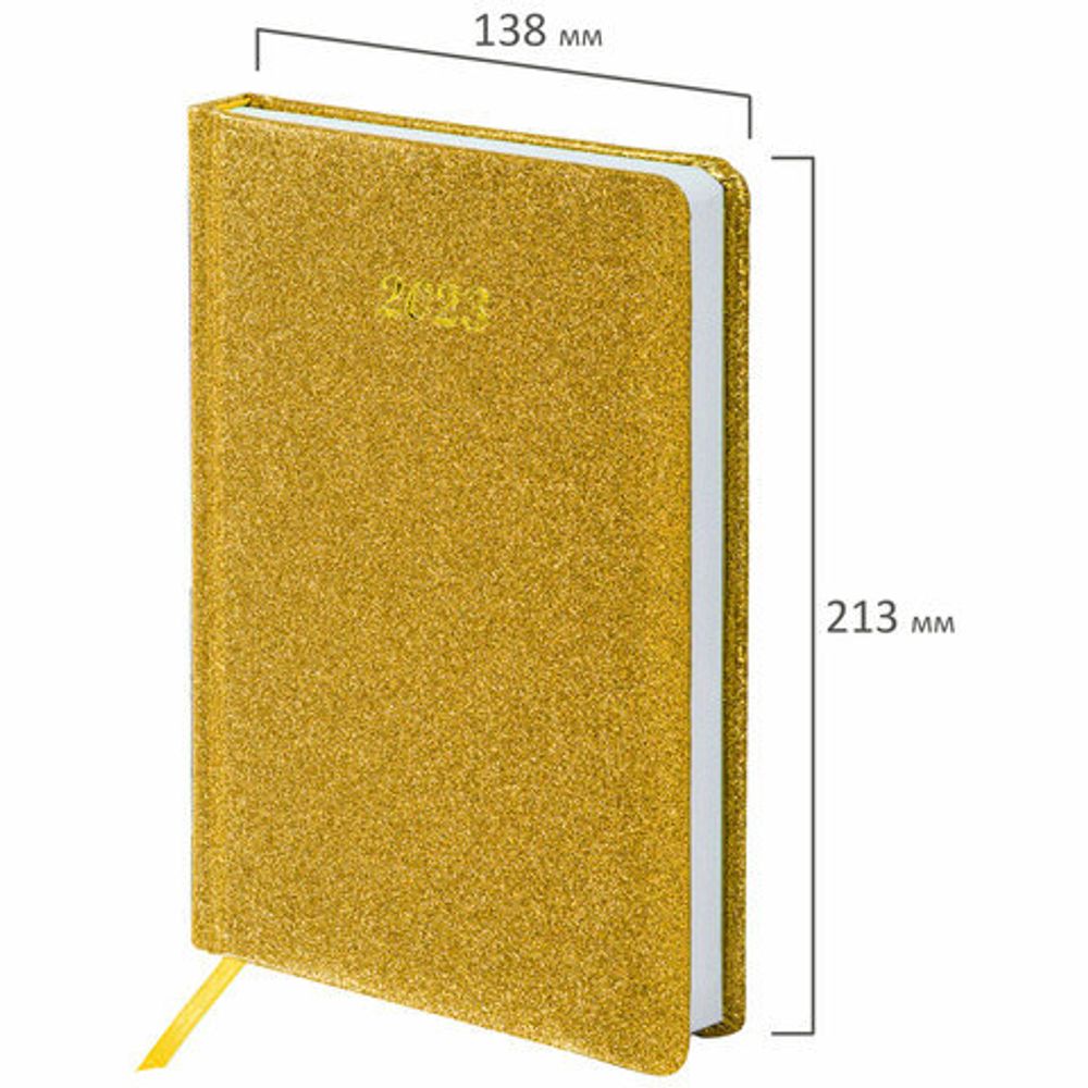 Ежедневник датированный 2023 А5 138x213 мм BRAUBERG "Sparkle", под кожу, блестки, золотистый, 114110