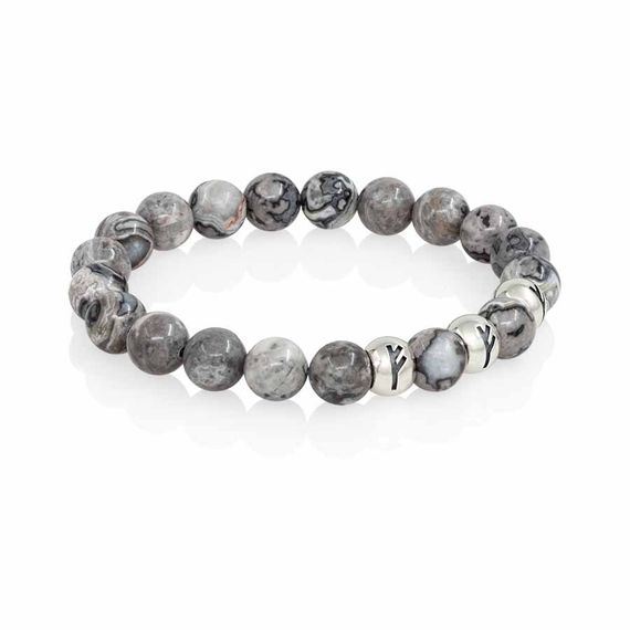 Браслет Денежный магнит из натуральной яшмы серой с тремя рунами Феху из серебра 925, вид 2