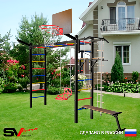 Уличная шведская стенка Sv Sport рукоход У5421К (Турник/Брусья/Скамья/Со спинкой/Щит баскет/Кронш бокс/Канат/кольца/лестница)