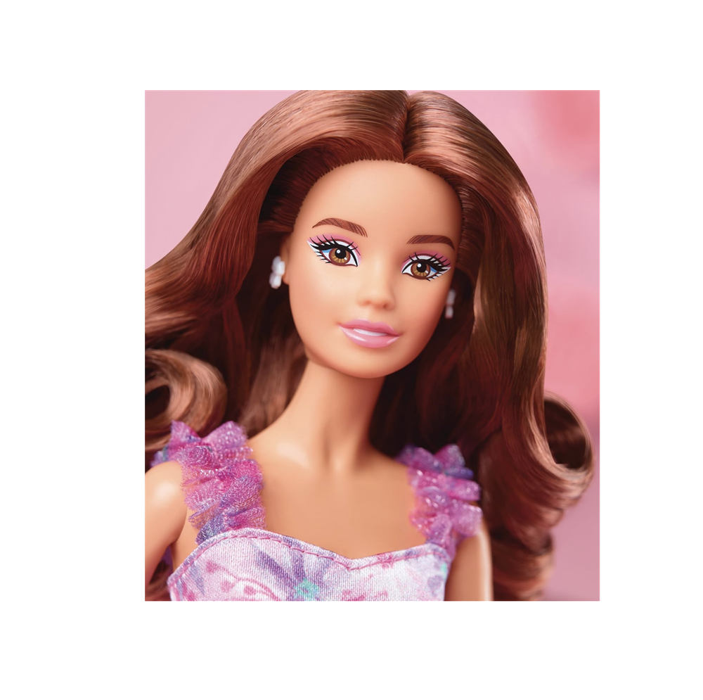 Кукла Barbie Signature с поздравлениями на день рождения, коллекционная, в атласном сиреневом платье, с волнистыми каштановыми волосами, в подарочной упаковке