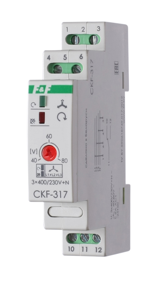 Реле контроля наличия и чередования фаз CKF-317 3х400/230+N 8А 1P IP20 регулировка порога отключения