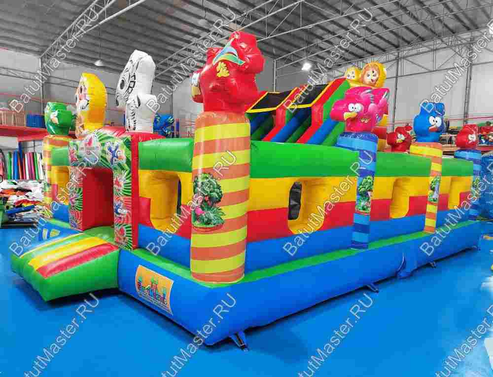 Надувной батут «Звериный мир» с горкой и аркой,с сеткой на входе 7*5*4,2 м