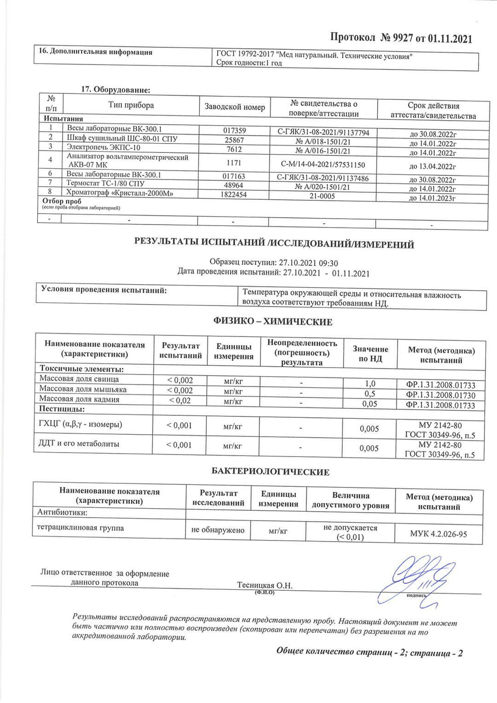 Протокол испытаний на антибиотики, тяжелые металлы и пестициды