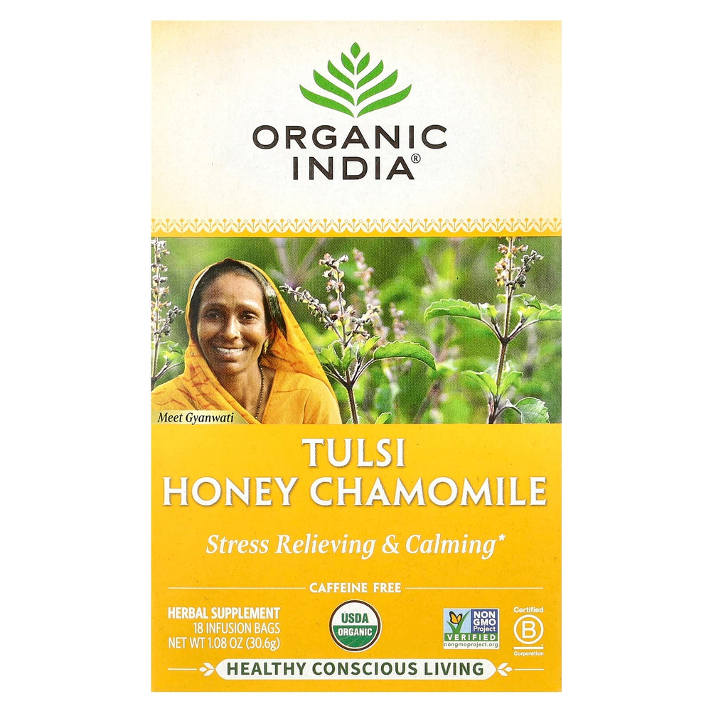 Organic India, чай тулси, с медом и ромашкой, без кофеина, 18 пакетиков для заваривания, 30,6 г (1,08 унции)