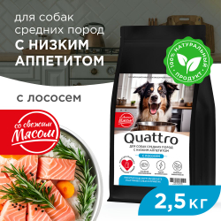 Корм сухой для взрослых собак средних пород, премиум полнорационный комплекс, низкий аппетит, с лососем, 2,5 кг, QUATTRO