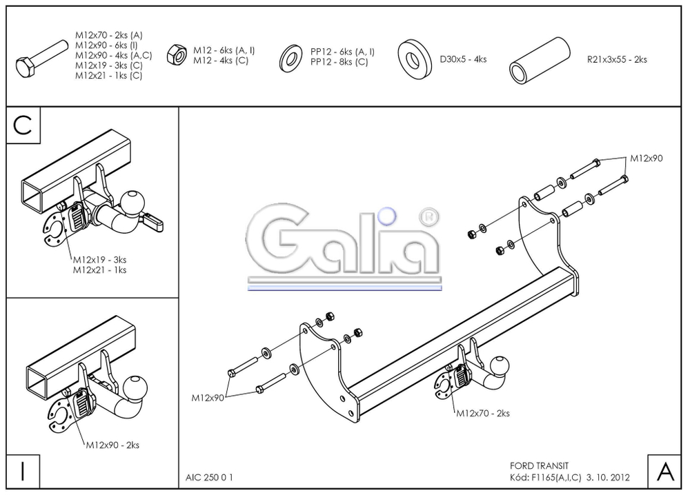 Фаркоп оцинкованный Galia F116A для FORD Transit, бортовой, 2000-(паспорт и сертификат в комплекте)(без электрики)