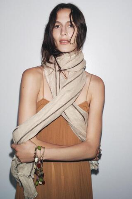 ZARA ЖАТОЕ ПЛАТЬЕ С ВЫШИВКОЙ — ZW COLLECTION, КОРИЧНЕВЫЙ