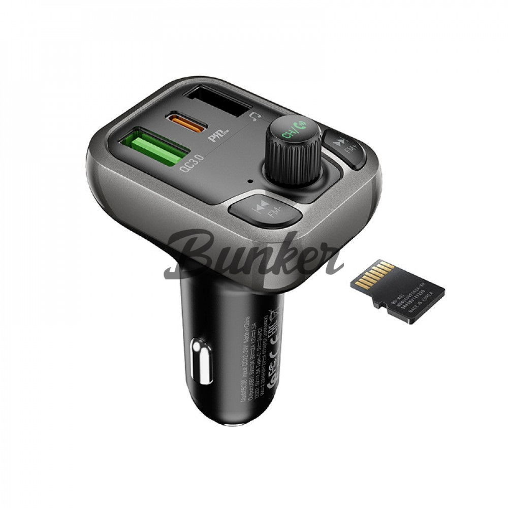 MP3 FM Modulator Borofone BC38 Bluetooth, 2USB, 3A, PD + QC 3.0, с дисплеем, подсветка, чёрный