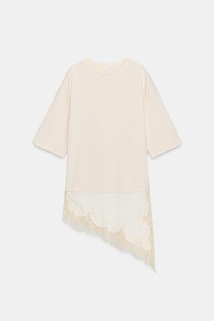ZARA КОМБИНИРОВАННАЯ ФУТБОЛКА С КРУЖЕВОМ, ЭКРЮ