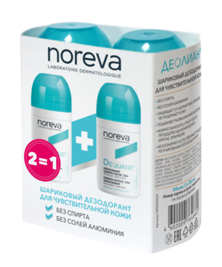 NOREVA Сдвойка ДЕОЛИАН шариковый дезодорант для чувствительной кожи 50 мл + 50 мл