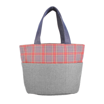 Сумка серая с милым черным котом в шотландском стиле (тоут), "MIMENEKO", 22-5566-1, KUSUGURU