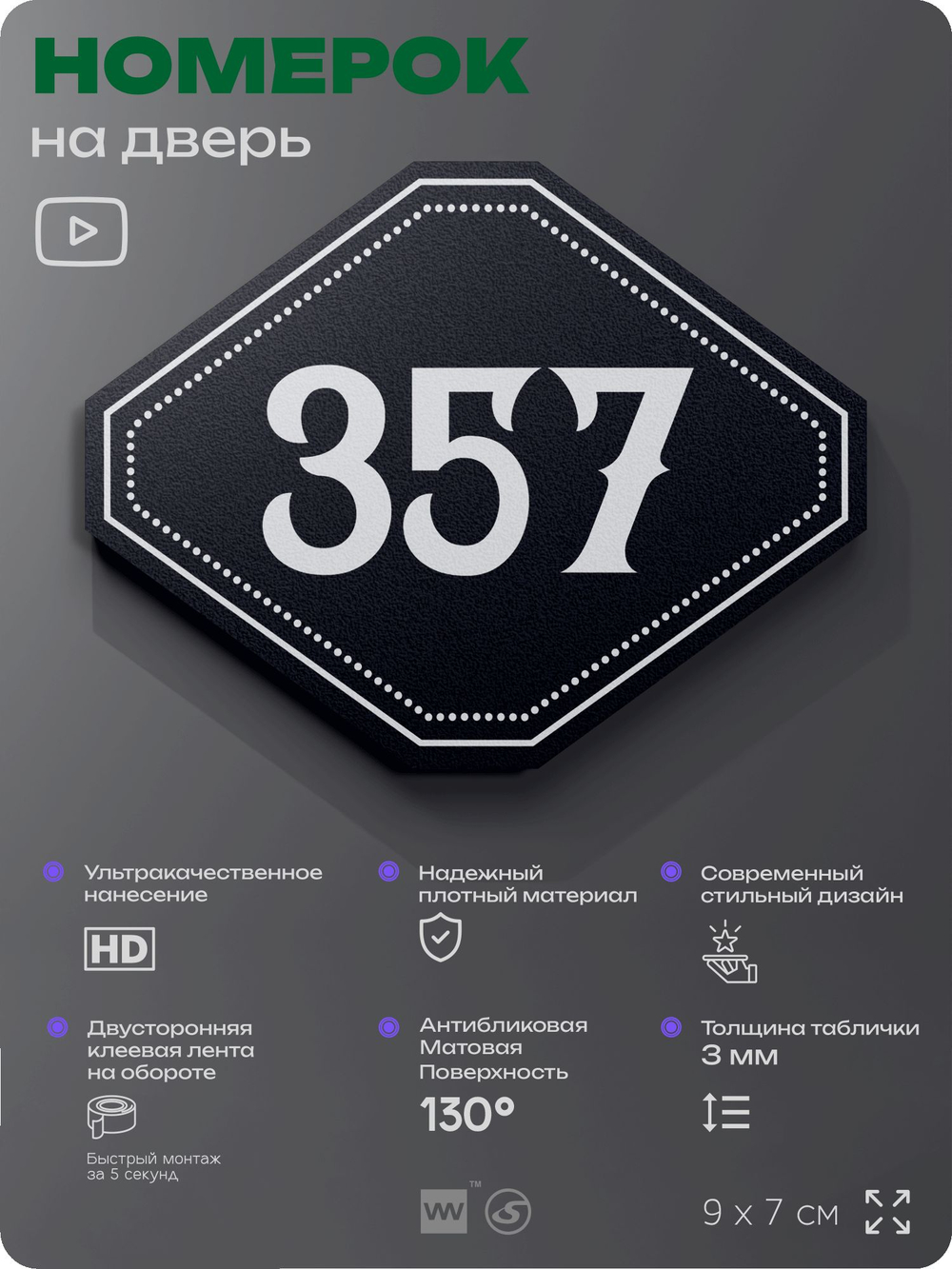 Номерок на дверь квартиры 357, для кабинета, офиса, шильдик 9 х 7 см, черный, Айдентика Технолоджи