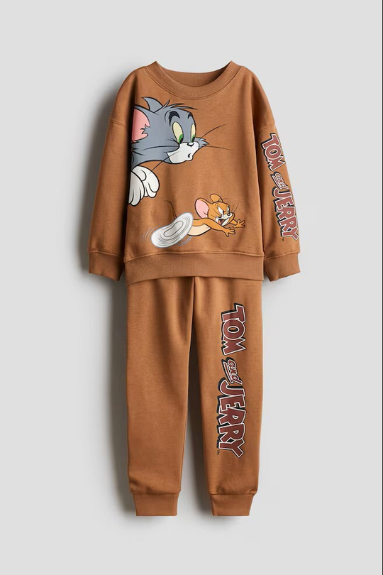 H&M Комплект из брюк-джоггеров и толстовки с принтом, коричневый