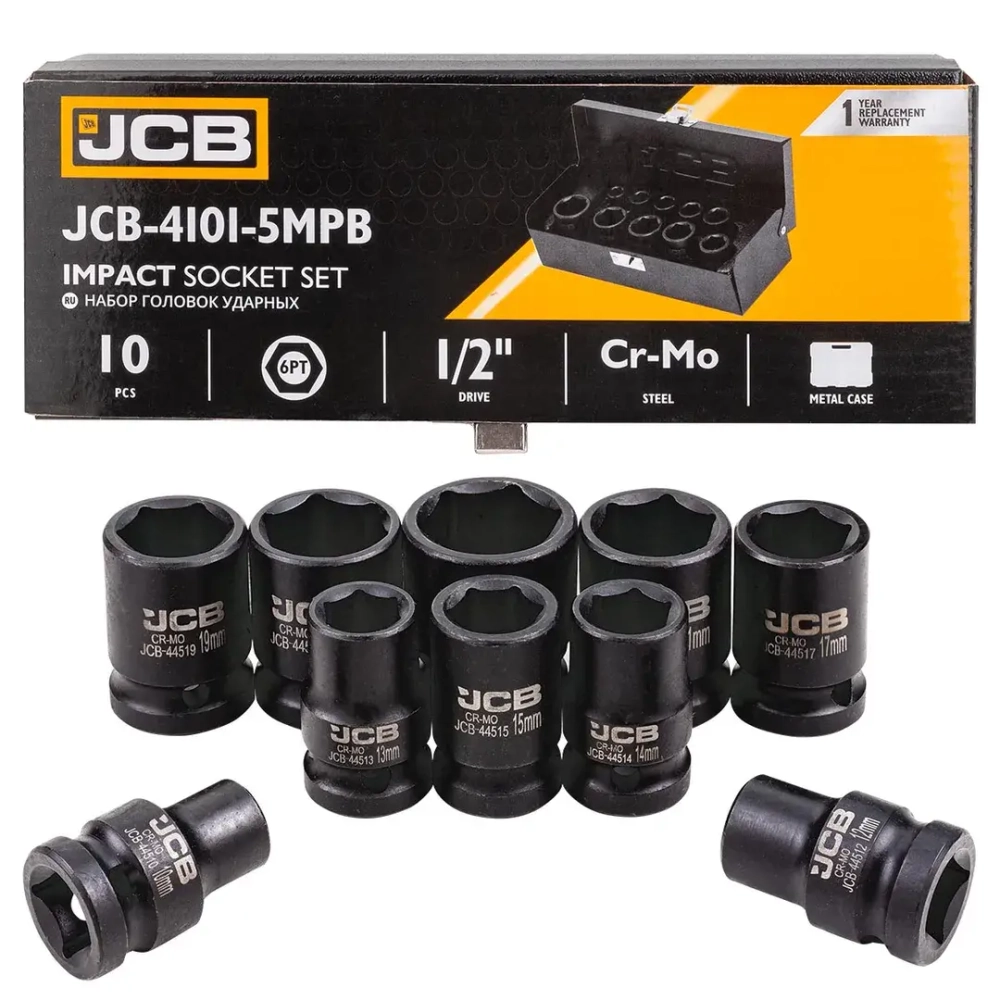 Набор головок ударных,10пр. 1/2''6гр.(10,12,13,14,15,17,19,21,22,24),в метал. Кейсе JCB JCB-4101-5MPB