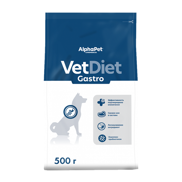 Сухой диетический корм AlphaPet VetDiet GASTRO для взрослых собак при острых расстройствах пищеварения, в реабилитационный период и при истощении
