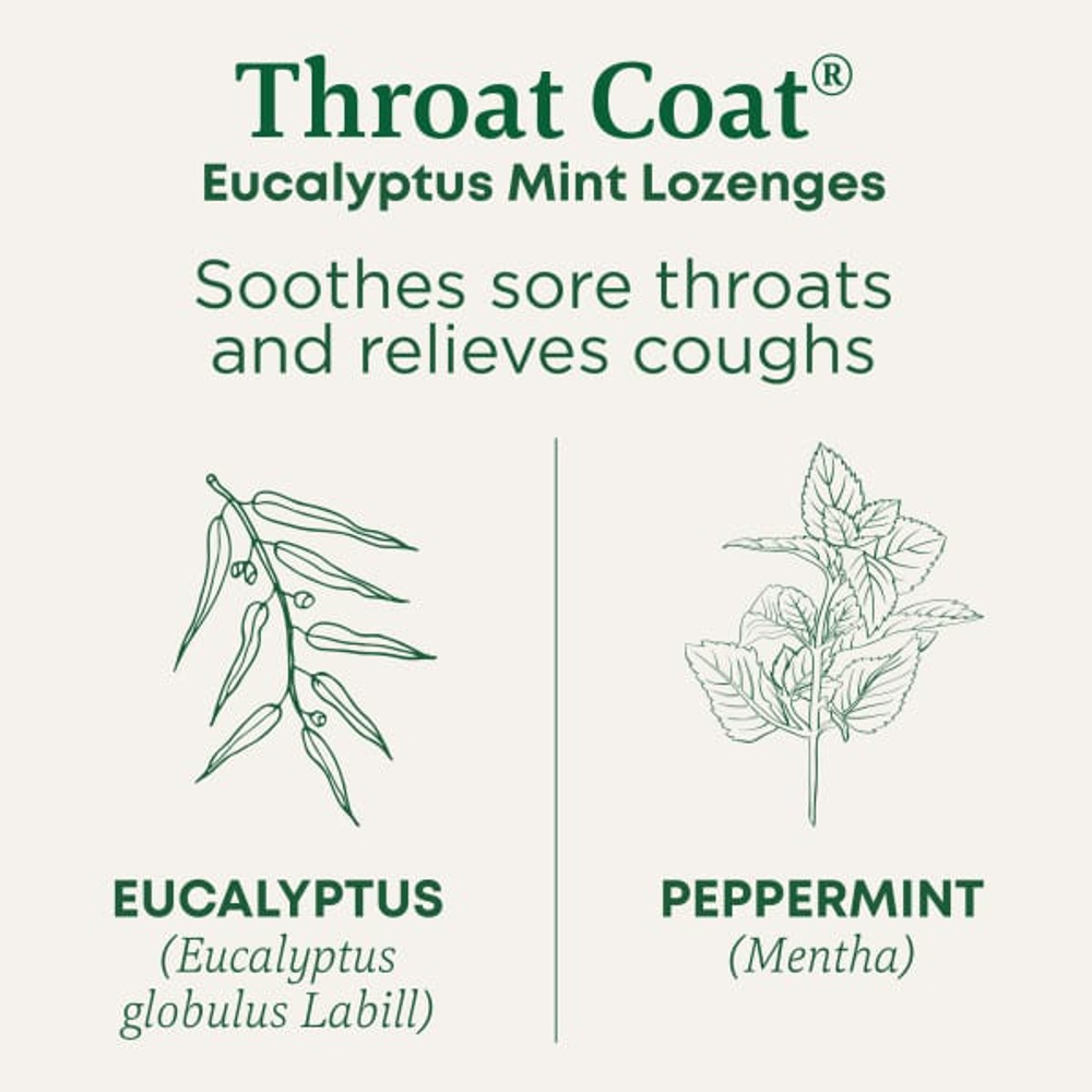 Traditional Medicinals, Organic Throat Coat®, эвкалиптовая мята, 30 леденцов от кашля с ментолом