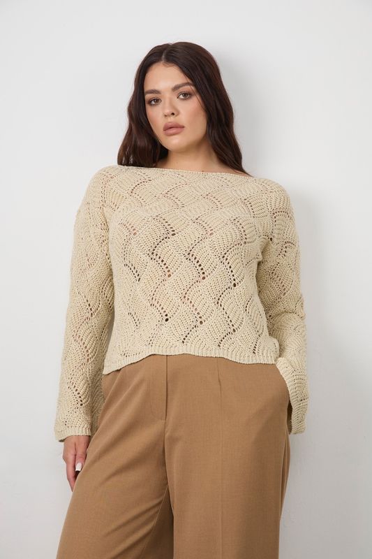 Джемпер вязаный ажурный с люрексом, бежевый