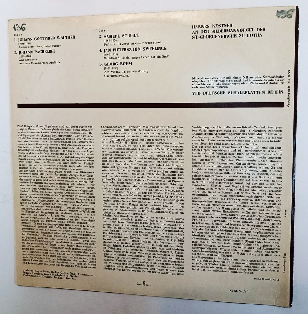Винтажная виниловая пластинка J. G. Walther, J. Pachelbel, S. Scheidt, J. P. Sweelinck, G. Bohm Hannes Kastner Choralbearbeitungen Fur Orgel Von J.G. Walther J. Pachelbel, S. Scheidt, J.P. Sweelinck, G. Bohm (GDR 1967)