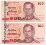 Банкнота Таиланд 100 бат 2005 год 4J 2065121 (Подписи № 2). XF