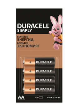 Батарейки КОМПЛЕКТ 4шт (отрывной блок) DURACELL Simply ОРИГИНАЛ, AA (LR6, 15А), алкалин, пальчиковые