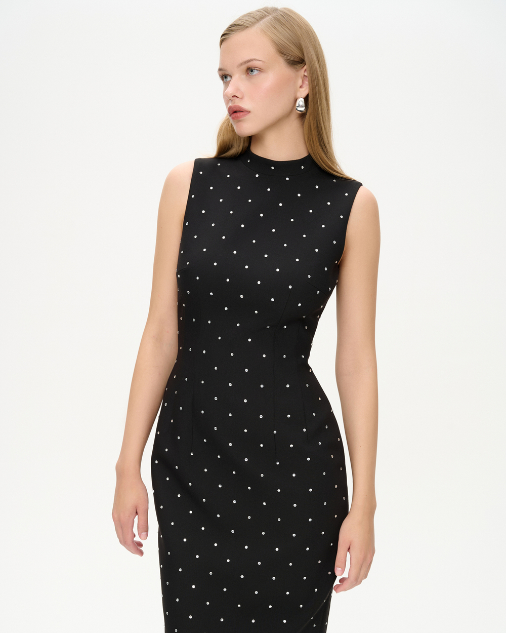 Платье миди с открытой спиной из костюмной ткани со стразами