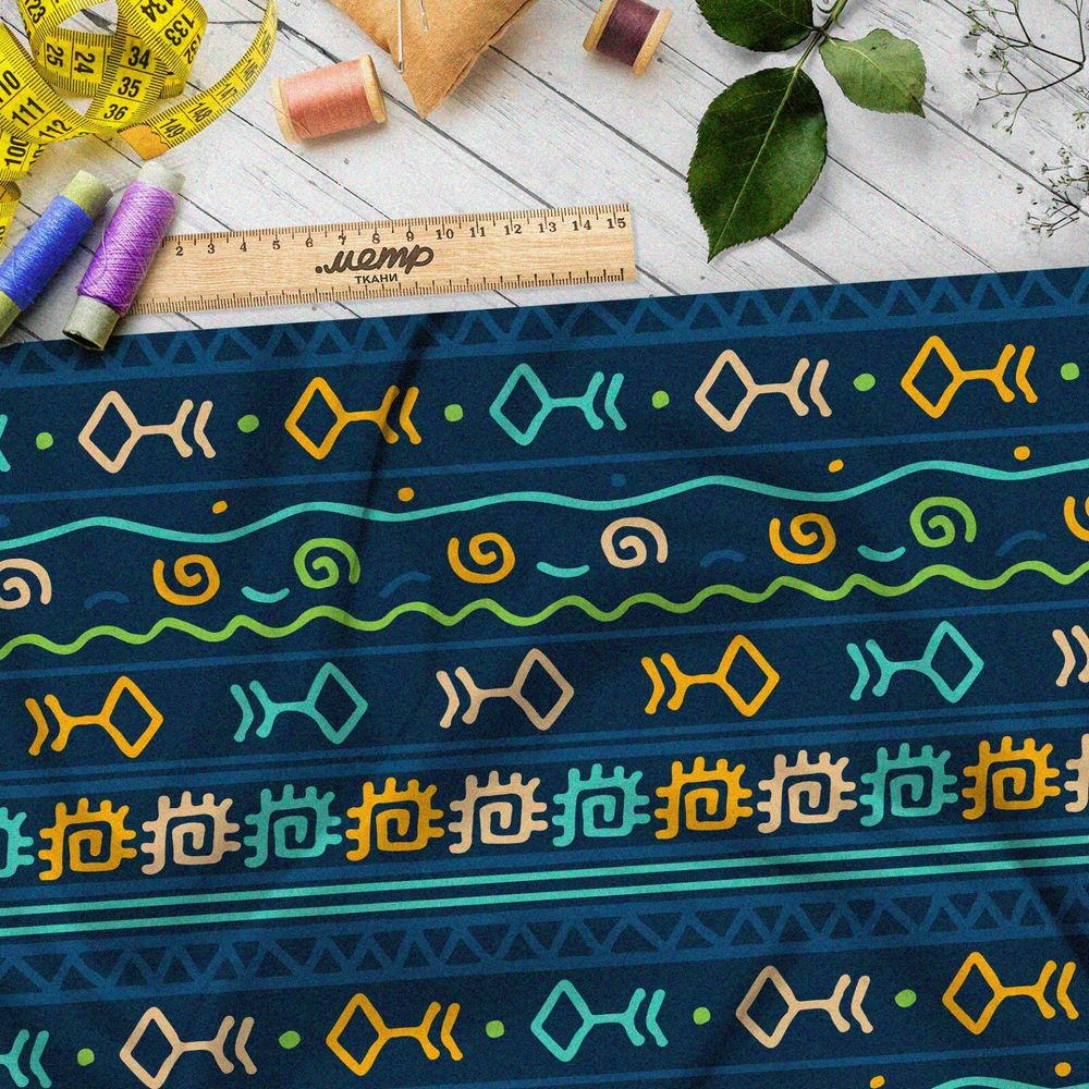 Ткань дюспо разноцветные символы и руны на тёмно-синем фоне