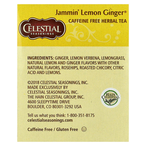 Celestial Seasonings, травяной чай, Jammin', лимон и имбирь, без кофеина, 20 чайных пакетиков, 45 г (1,6 унции)