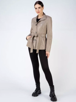 Кожаная куртка демисезонная на пуговицах с поясом