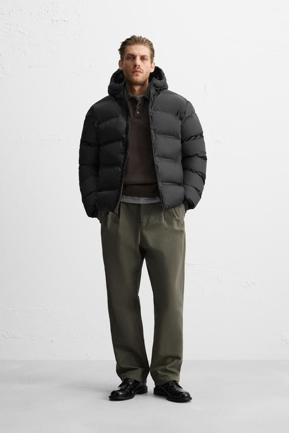 ZARA ПУХОВИК С КАПЮШОНОМ, ЧЕРНЫЙ