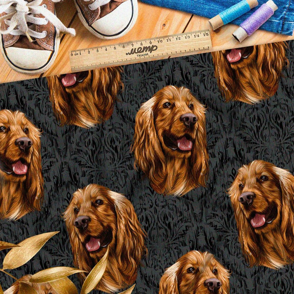 Ткань атлас счастливая собака на тёмном фоне